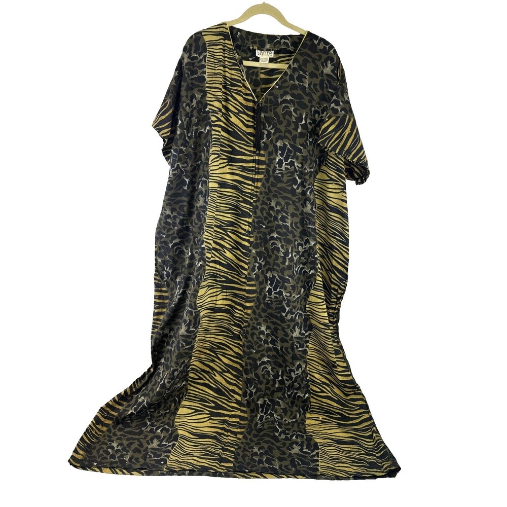 Sante Kaftan Animal Print Long Half Zip Cotton Cover Up‎ Dress Tiger Free Size